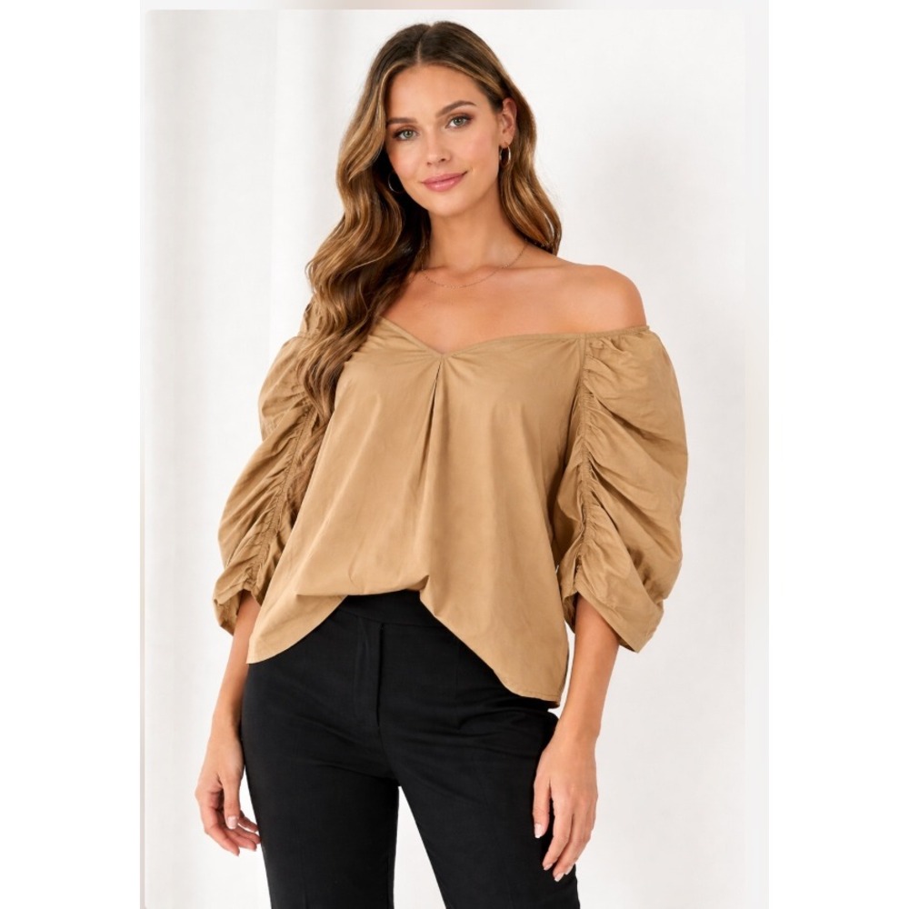 Loft Womens Ruched Puff Sleeve V-Neck Blouse Camel‎ Tan Brown Cotton Top Large